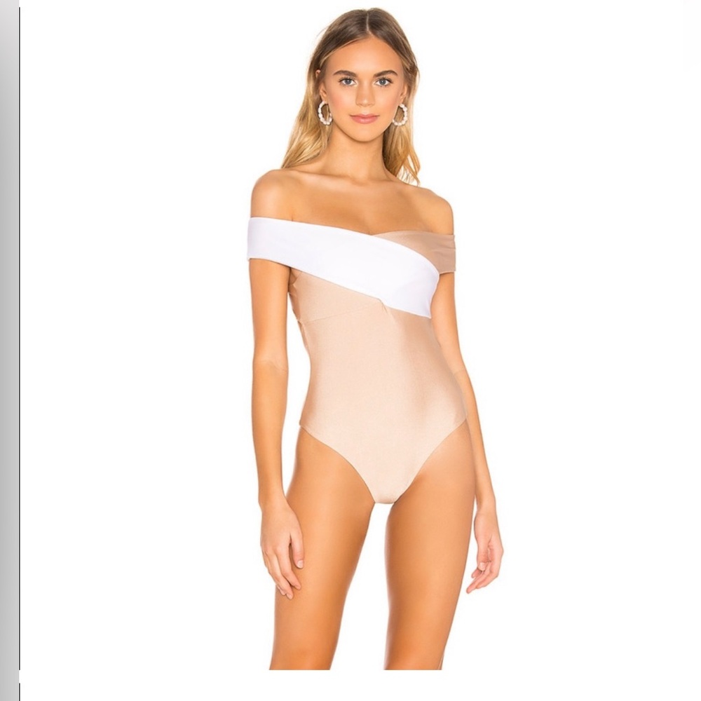 Lovewave REVOLVE The Tenzin Colorblock Off Shoulder‎ One Piece Swimsuit Tan